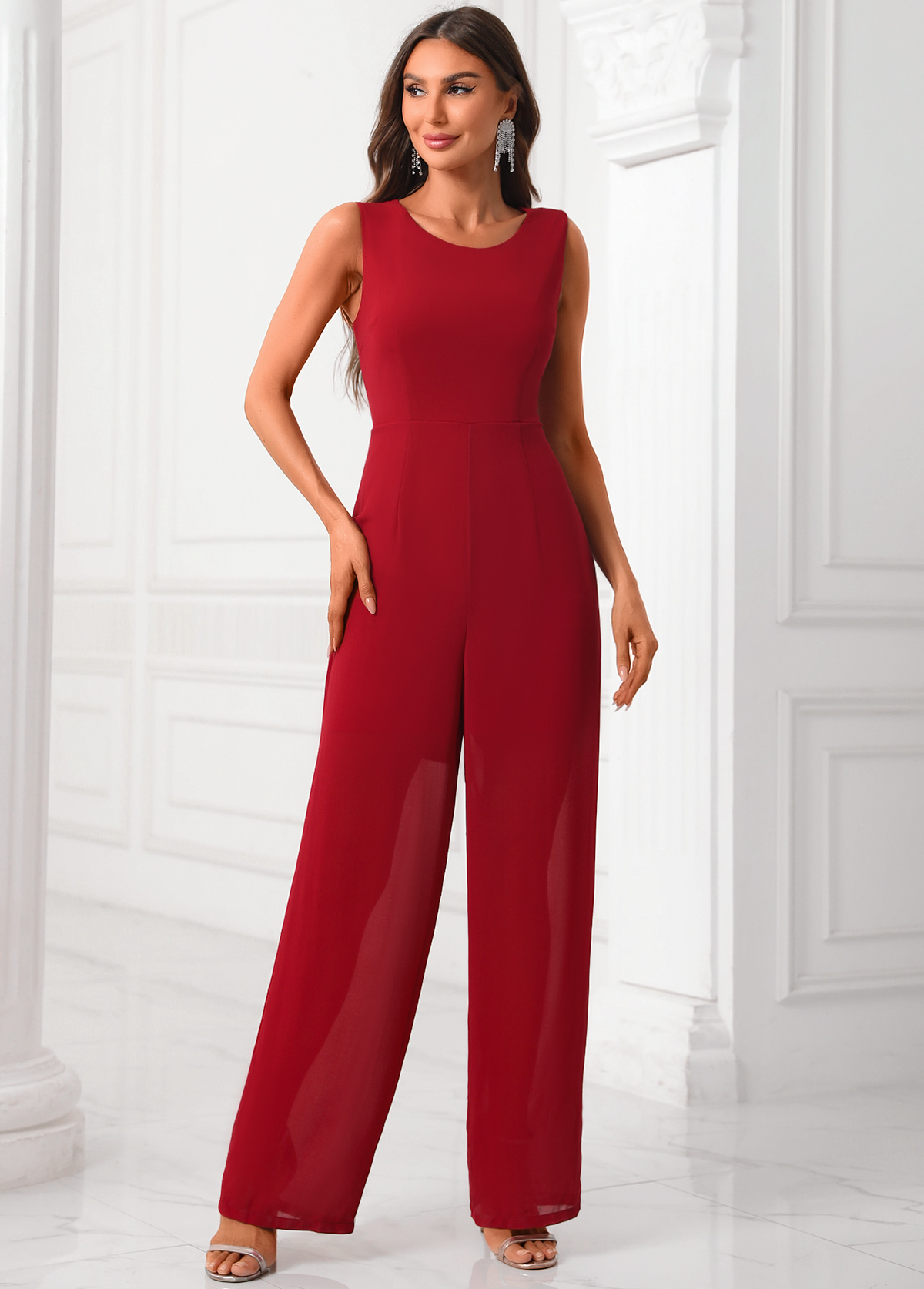Deep Red Round Neck Sequin Jumpsuit and Cardigan