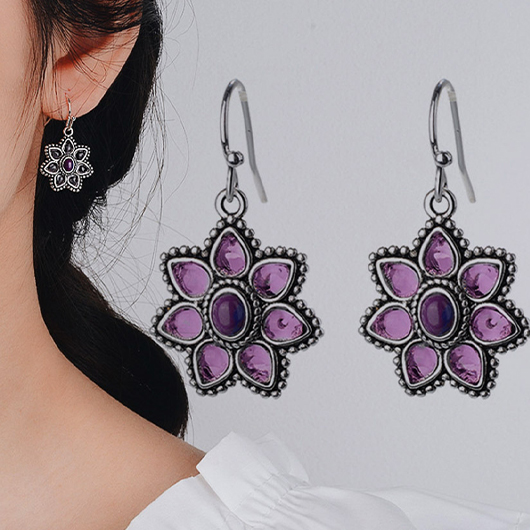 Purple Rhinestone Floral Design Alloy Earrings