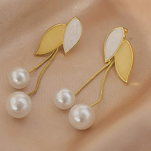 Pearl Design Alloy Gold Leaf Earrings