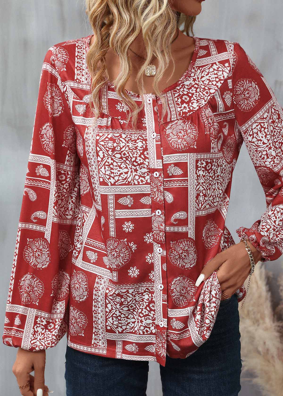 Tribal Print Button Red Round Neck Long Sleeve Blouse