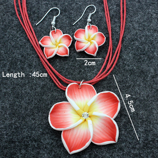 Floral Design Red Polymer Clay Necklace and Earrings