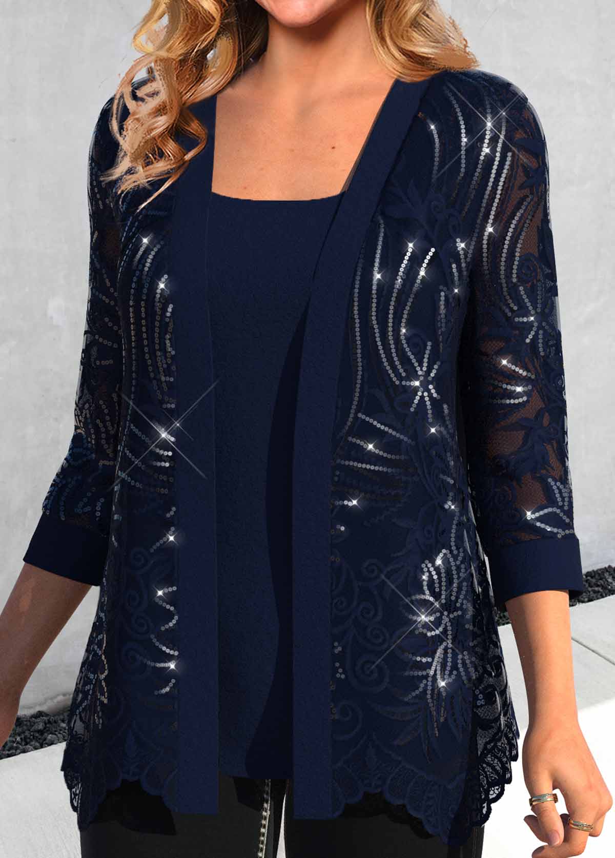 Navy Round Neck Lace Tank Top and Cardigan