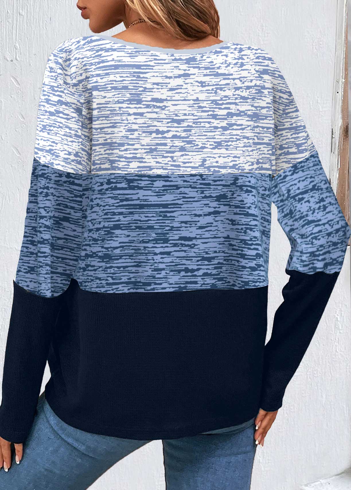 Plus Size Blue Patchwork Striped Long Sleeve Sweatshirt