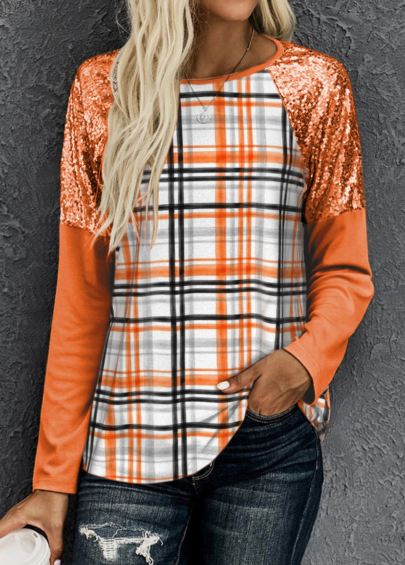 Plaid Sequin Orange Round Neck T Shirt | Rosewe.com - USD $26.98
