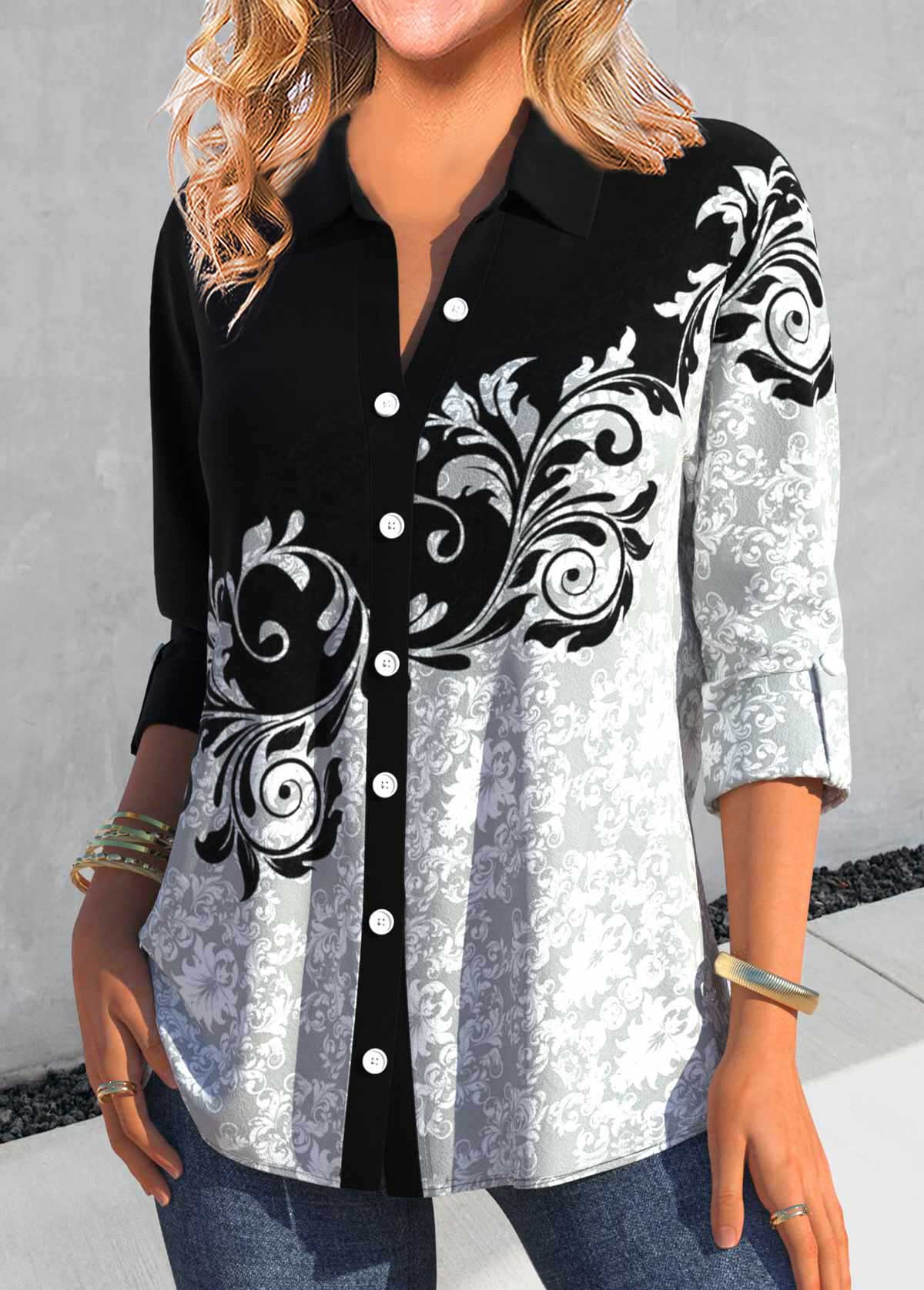 Random Floral Print Asymmetry Black Shirt Collar Blouse
