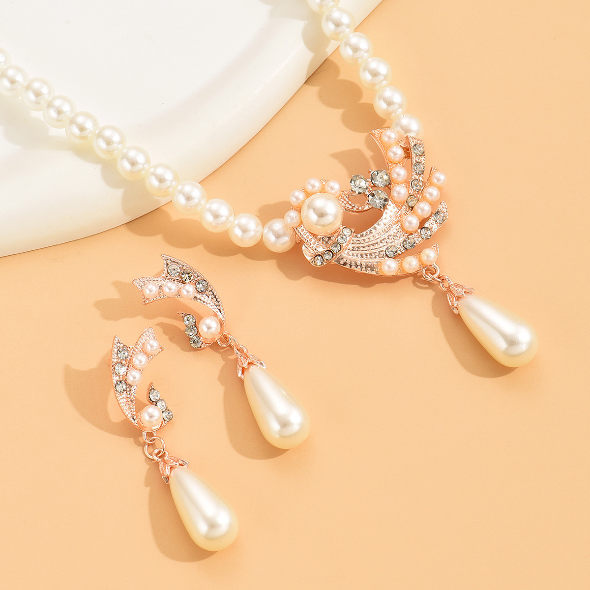 Pearl Detail Rose Gold Necklace and Earrings