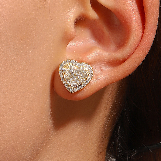 Copper Detail Gold Heart Hot Drilling Earrings