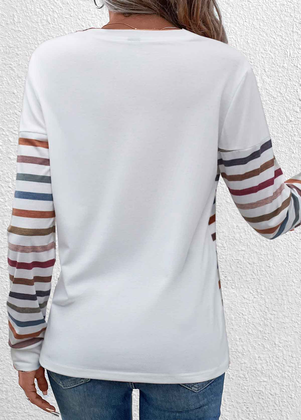 Striped Patchwork White Round Neck T Shirt