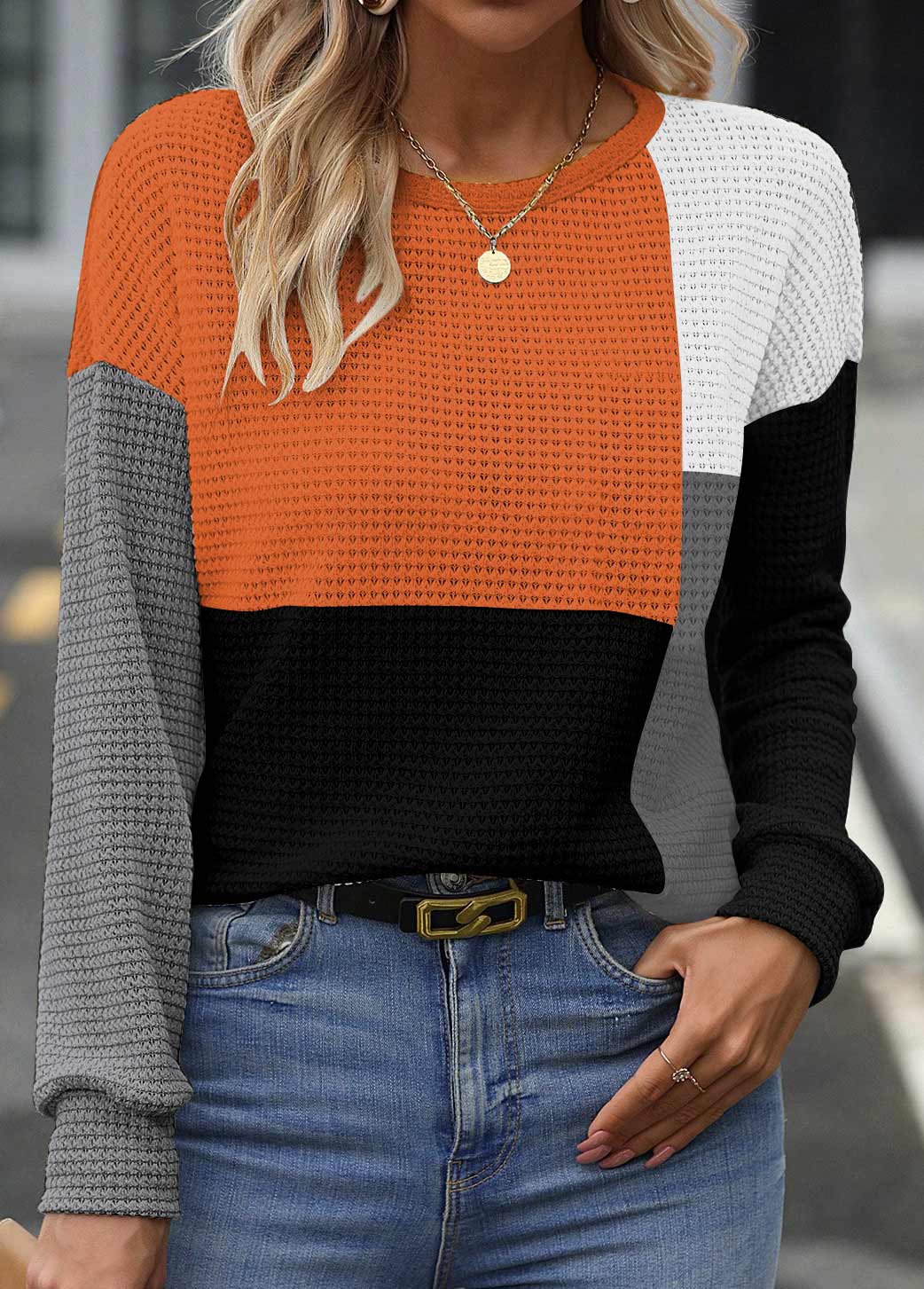 Long Sleeve Patchwork Multi Color Round Neck Sweatshirt