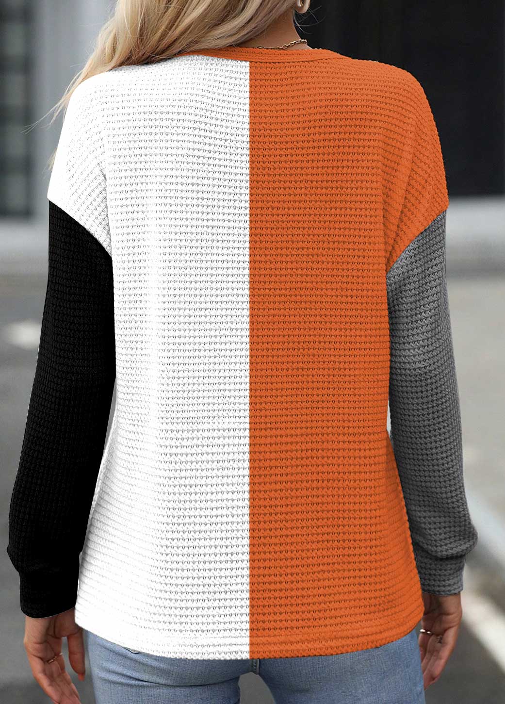 Long Sleeve Patchwork Multi Color Round Neck Sweatshirt