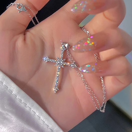 Alloy Rhinestone detail Silver Cross Necklace