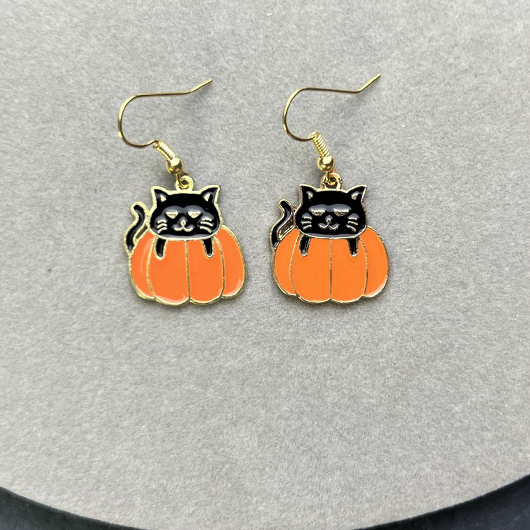 Alloy Halloween Orange Cat Pumpkin Earrings