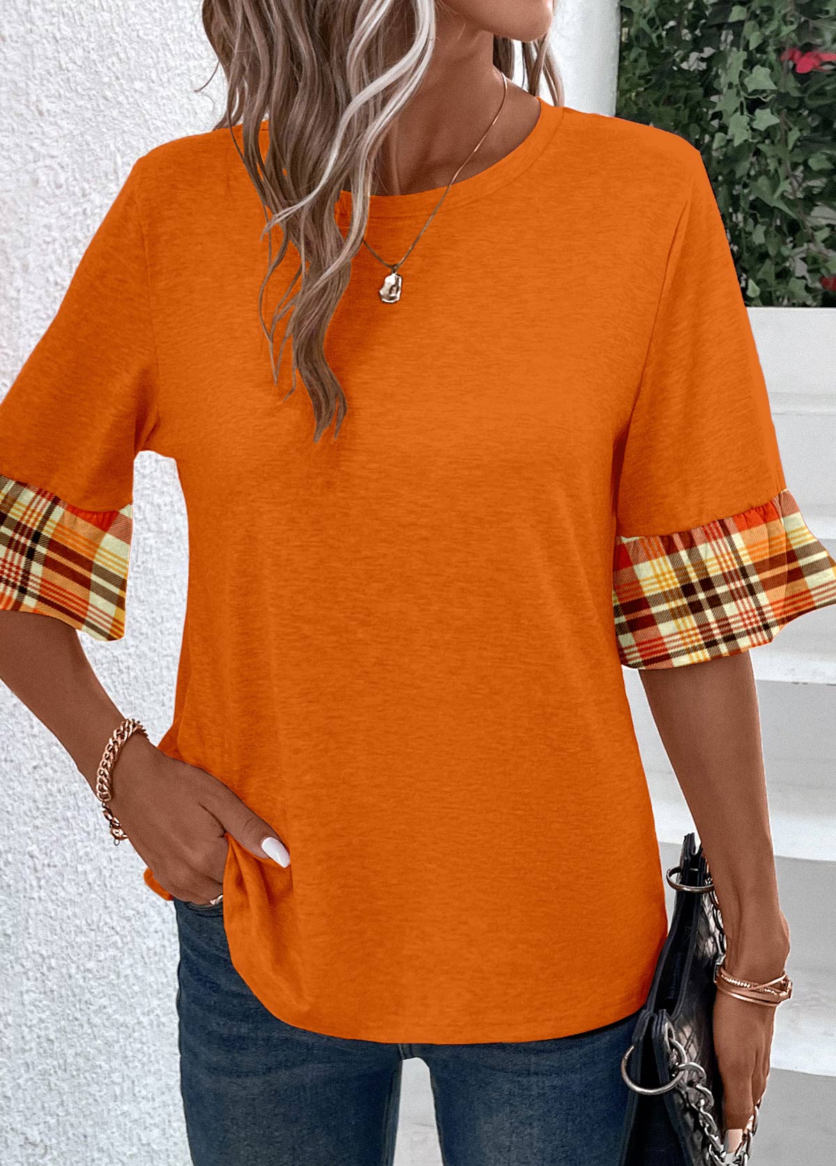 Plaid Patchwork Orange Round Neck T Shirt