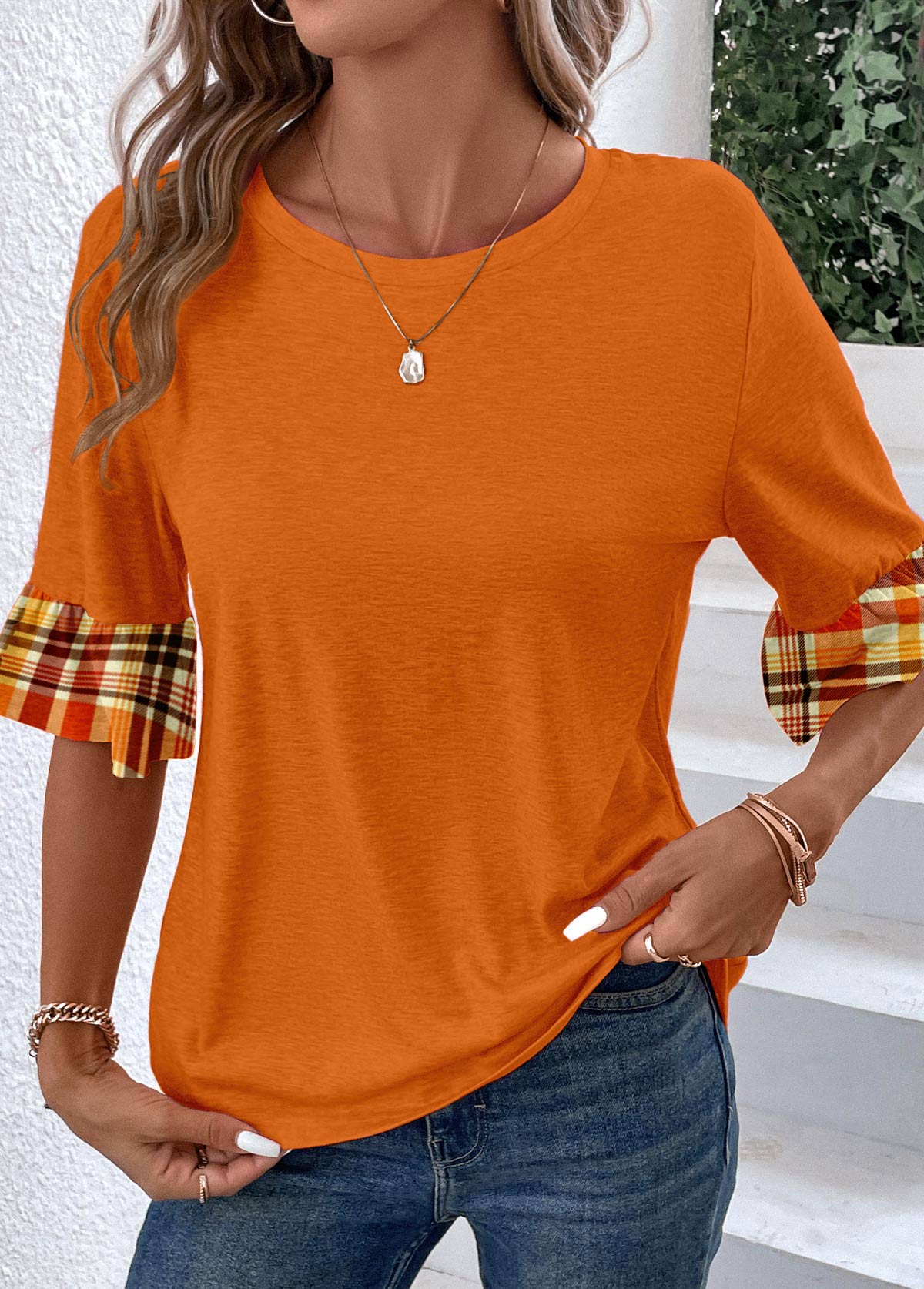 Plaid Patchwork Orange Round Neck T Shirt
