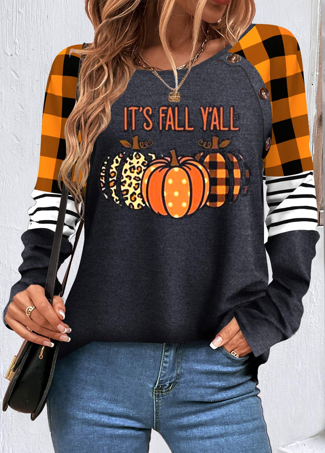 Plus Size Orange Patchwork Halloween Print Sweatshirt