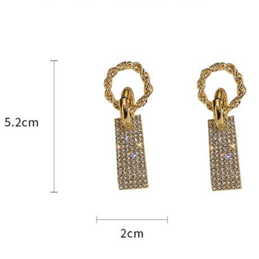Rhinestone Circular Detail Gold Rectangle Earrings