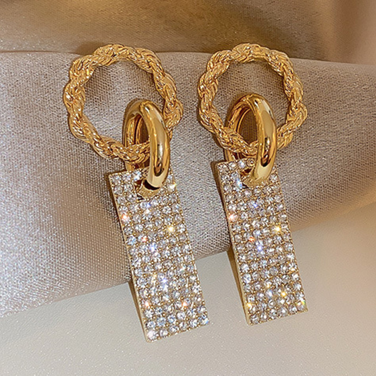 Rhinestone Circular Detail Gold Rectangle Earrings