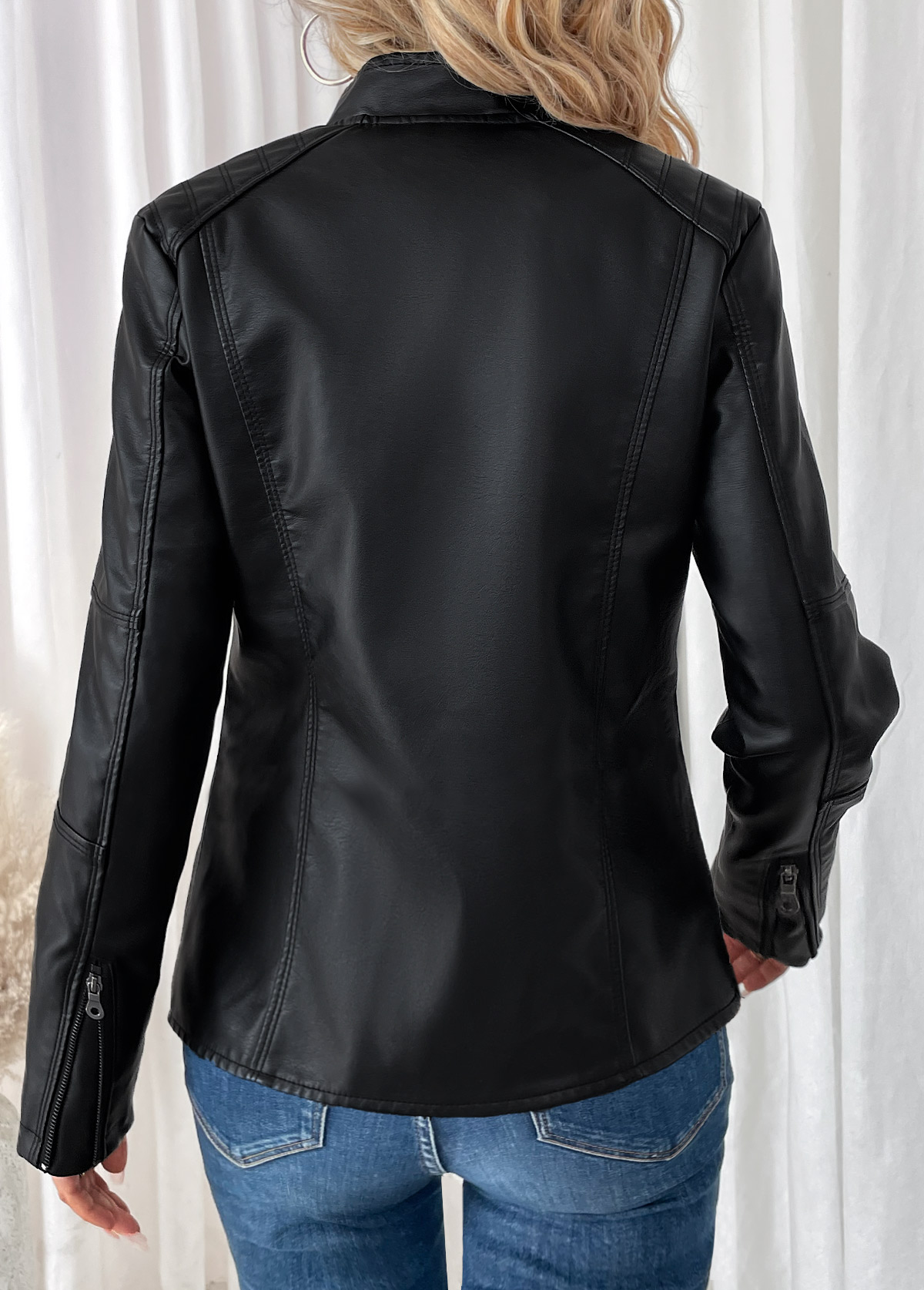 Pocket Black High Neck Long Sleeve Coat