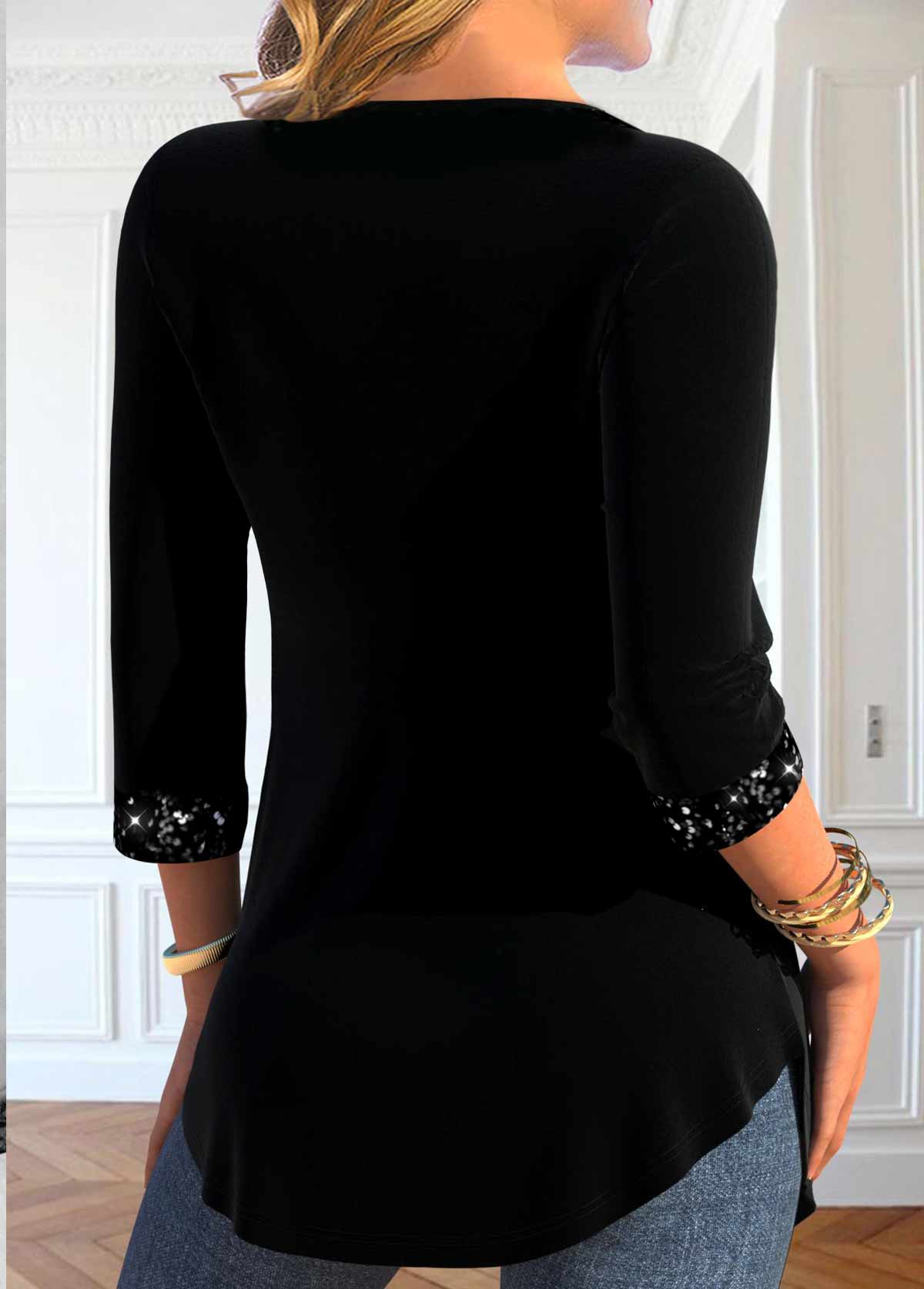 Velvet Sequin 3/4 Sleeve Black Heart Collar T Shirt