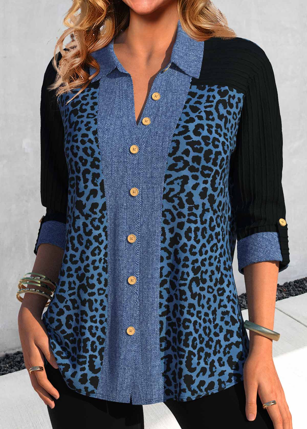 Leopard Patchwork Denim Blue Shirt Collar Blouse