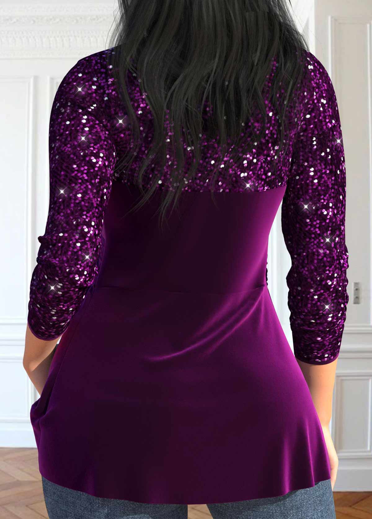 Purple V Neck Long Sleeve Sequin T Shirt