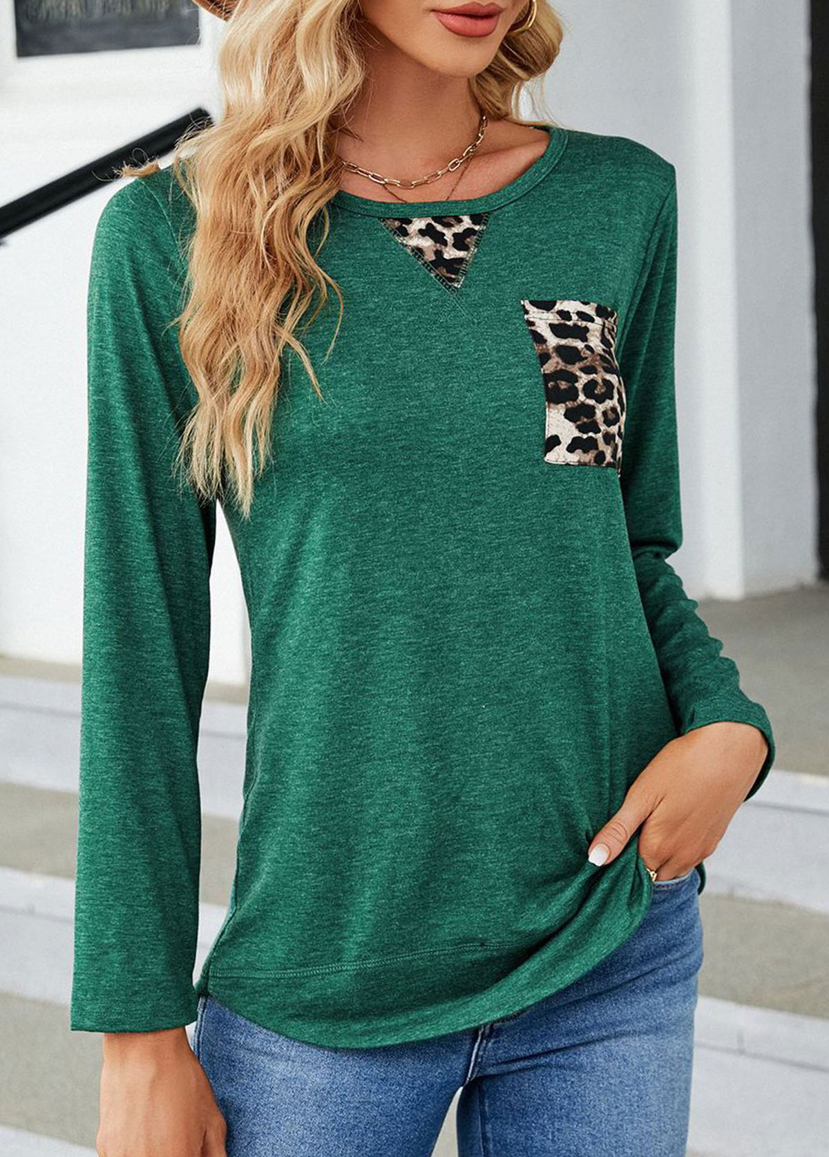 Leopard Patchwork Green Long Sleeve Round Neck T Shirt