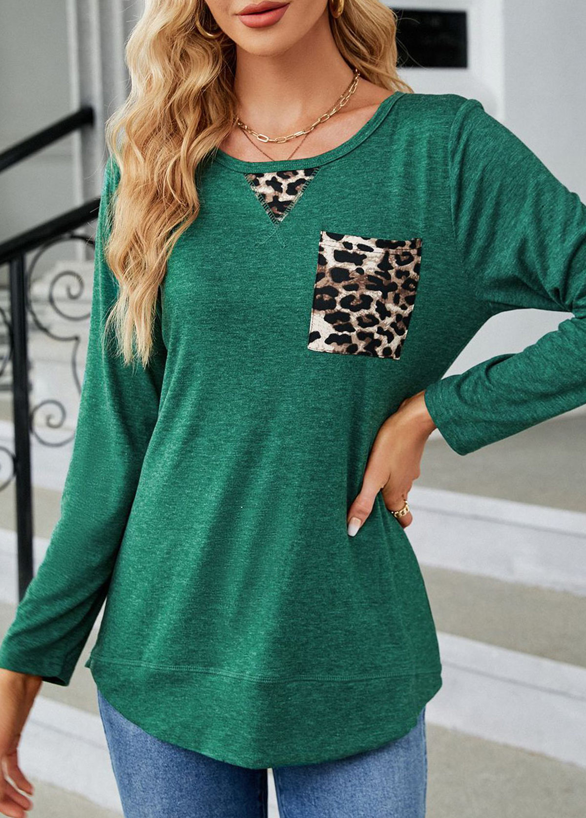 Leopard Patchwork Green Long Sleeve Round Neck T Shirt