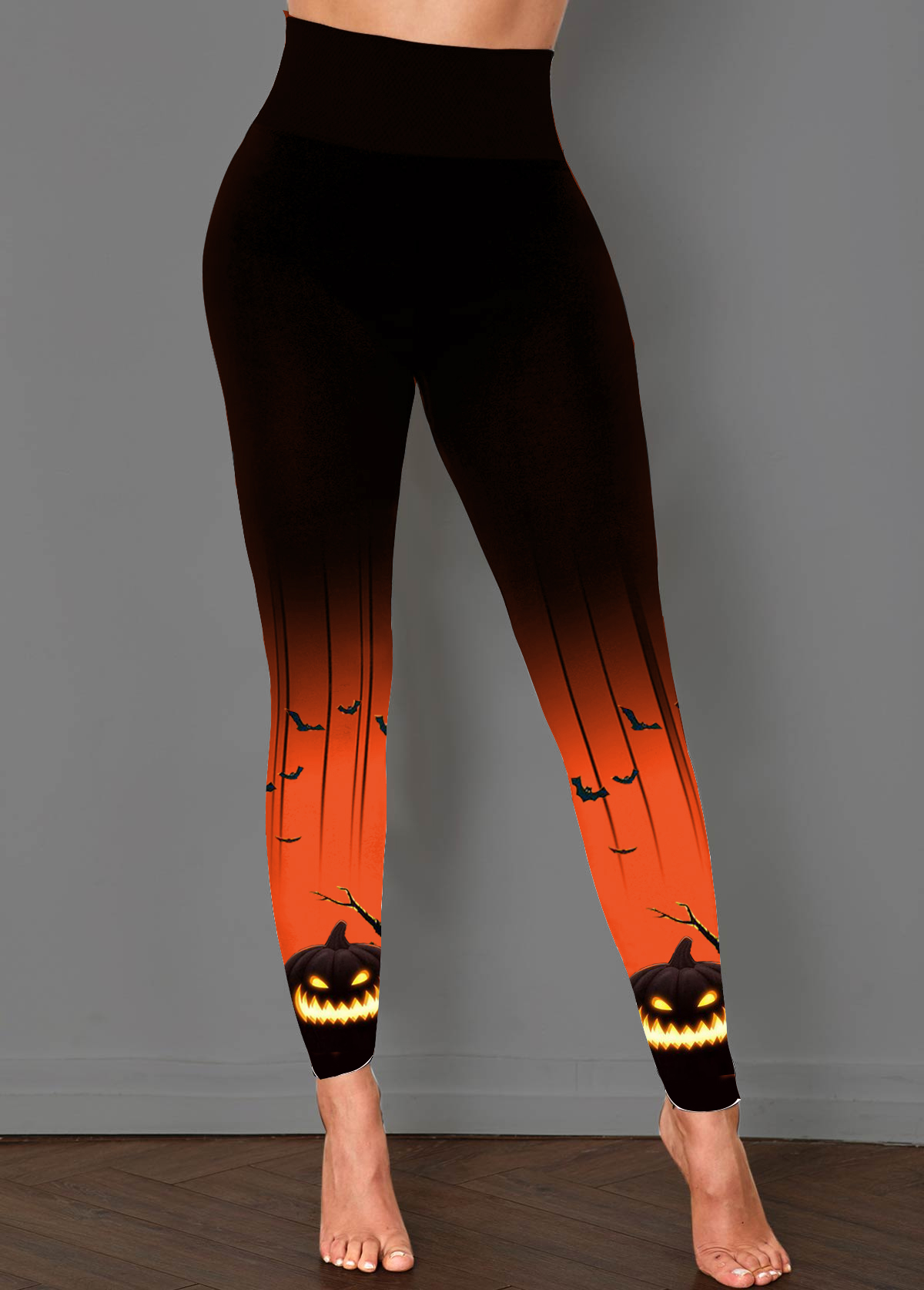 Halloween Print Black Elastic Waist High Waisted Leggings