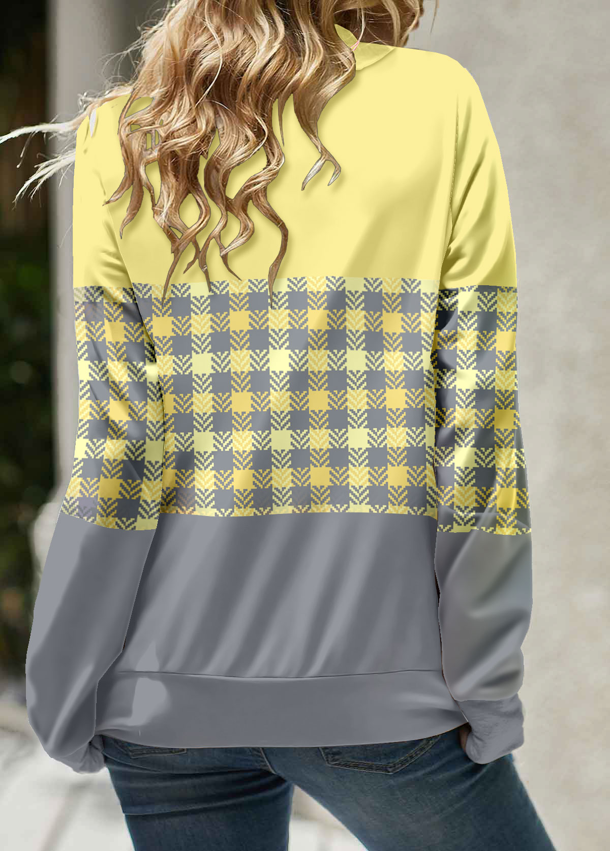 Plaid Patchwork Light Yellow Cowl Neck Sweatshirt