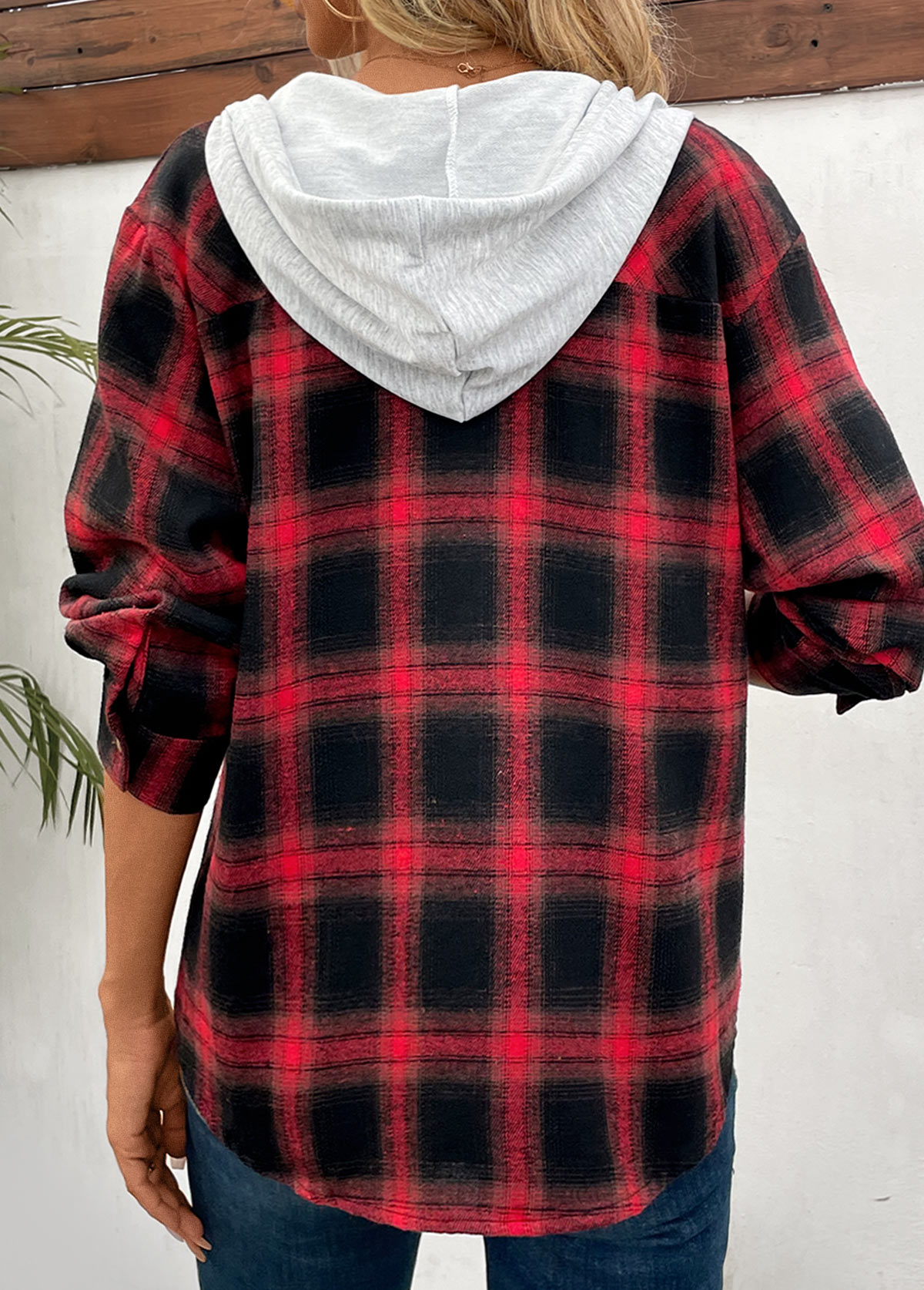 Plaid Patchwork Red Hooded Long Sleeve Coat