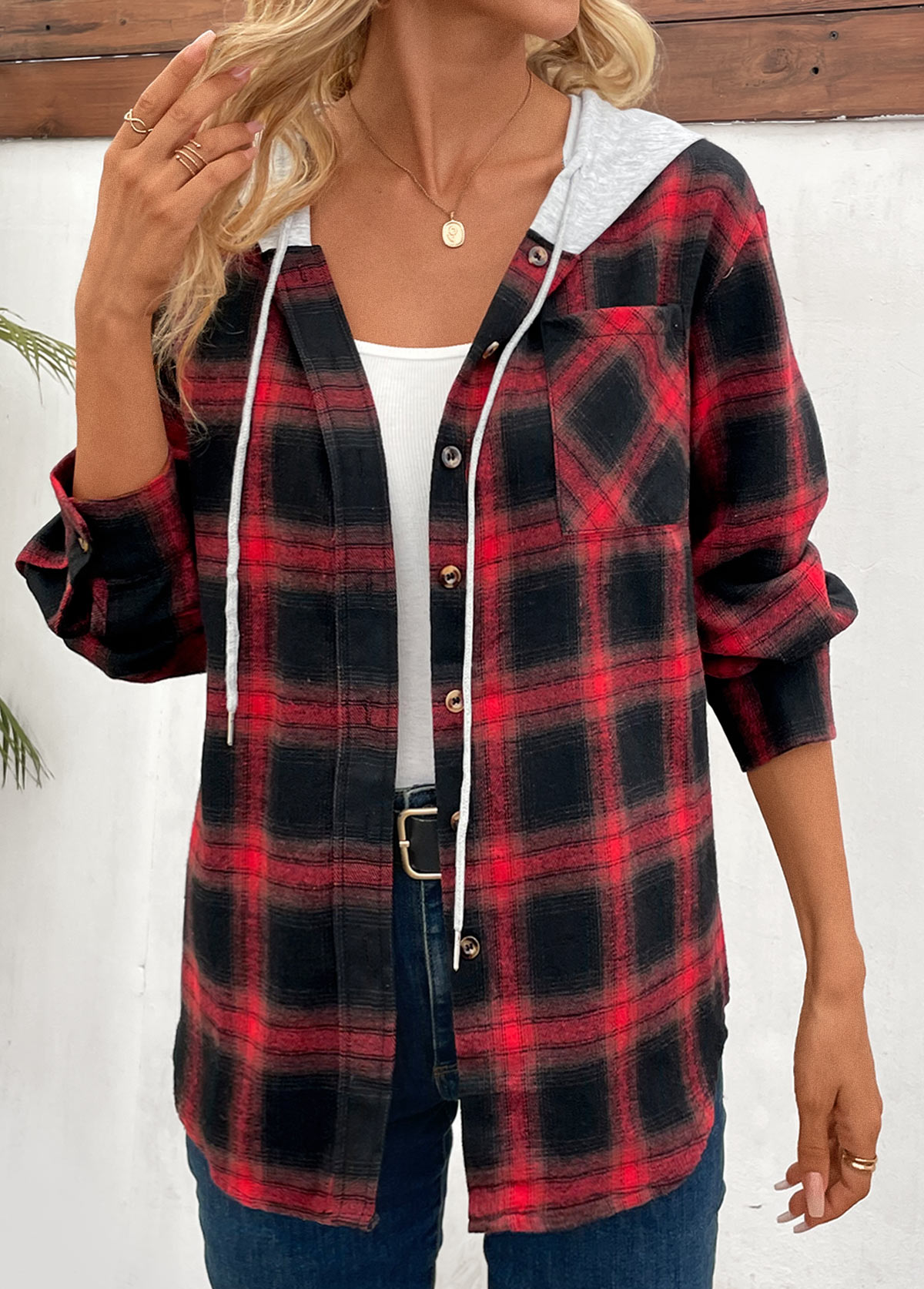 Plaid Patchwork Red Hooded Long Sleeve Coat