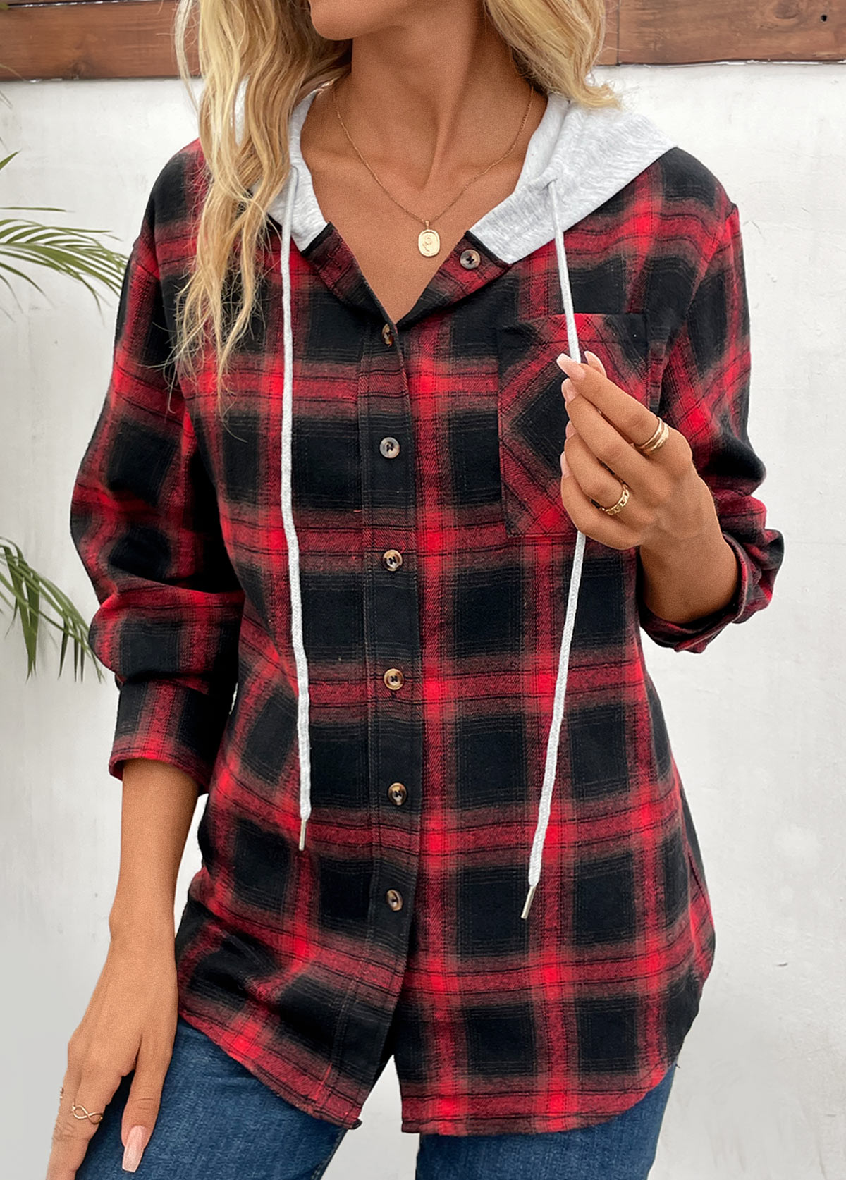 Plaid Patchwork Red Hooded Long Sleeve Coat