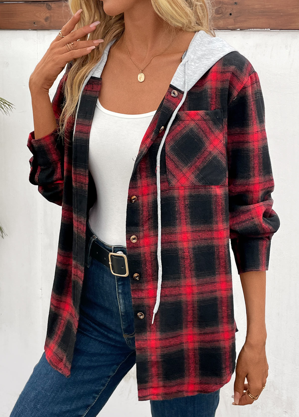 Plaid Patchwork Red Hooded Long Sleeve Coat
