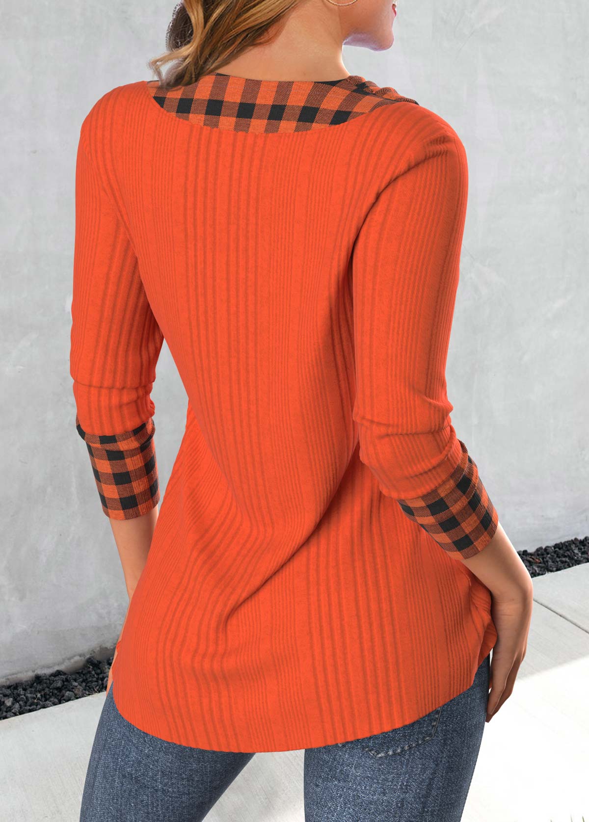 Plaid Patchwork Brick Red Asymmetrical Neck Sweatshirt