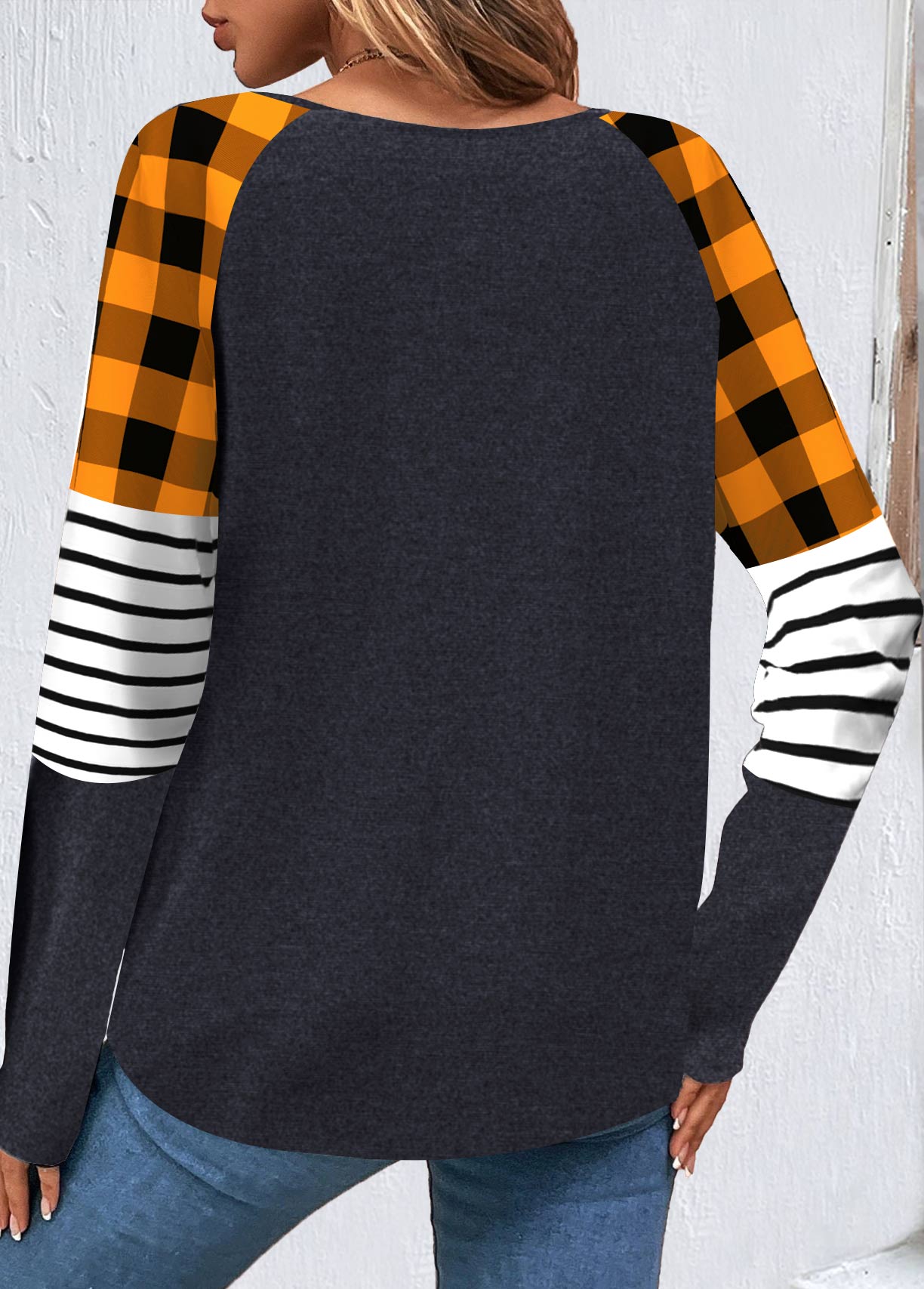 Plus Size Orange Patchwork Halloween Print Sweatshirt