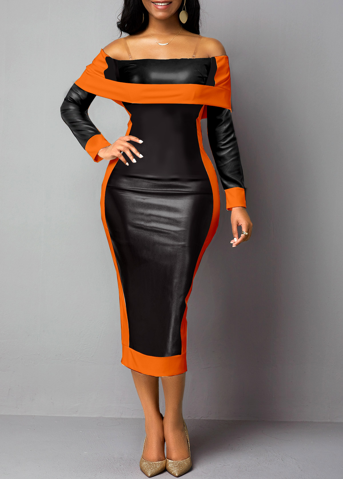 Faux Leather Orange Off Shoulder Bodycon Dress