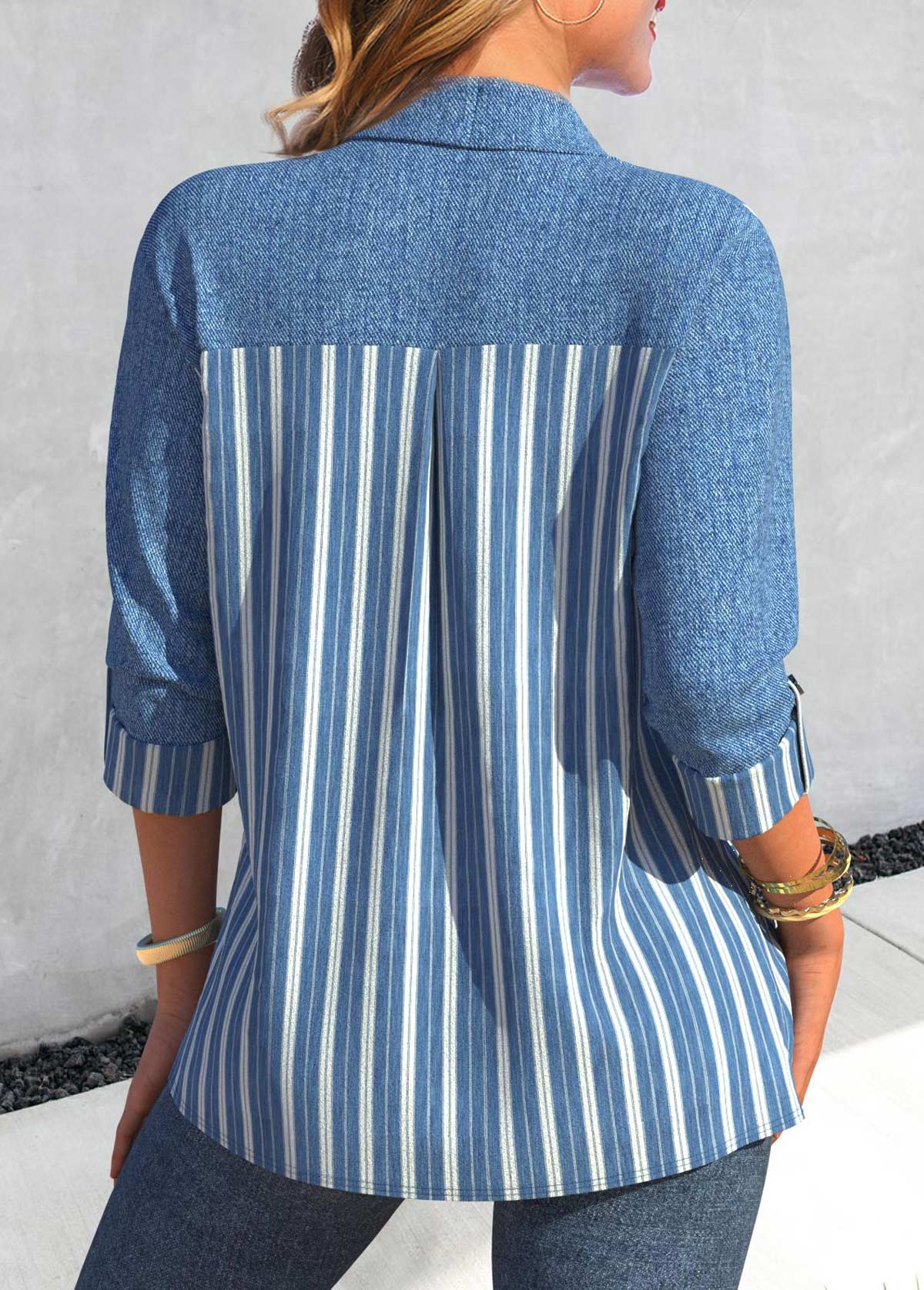 Denim-effect Print Patchwork Denim Blue Long Sleeve Blouse