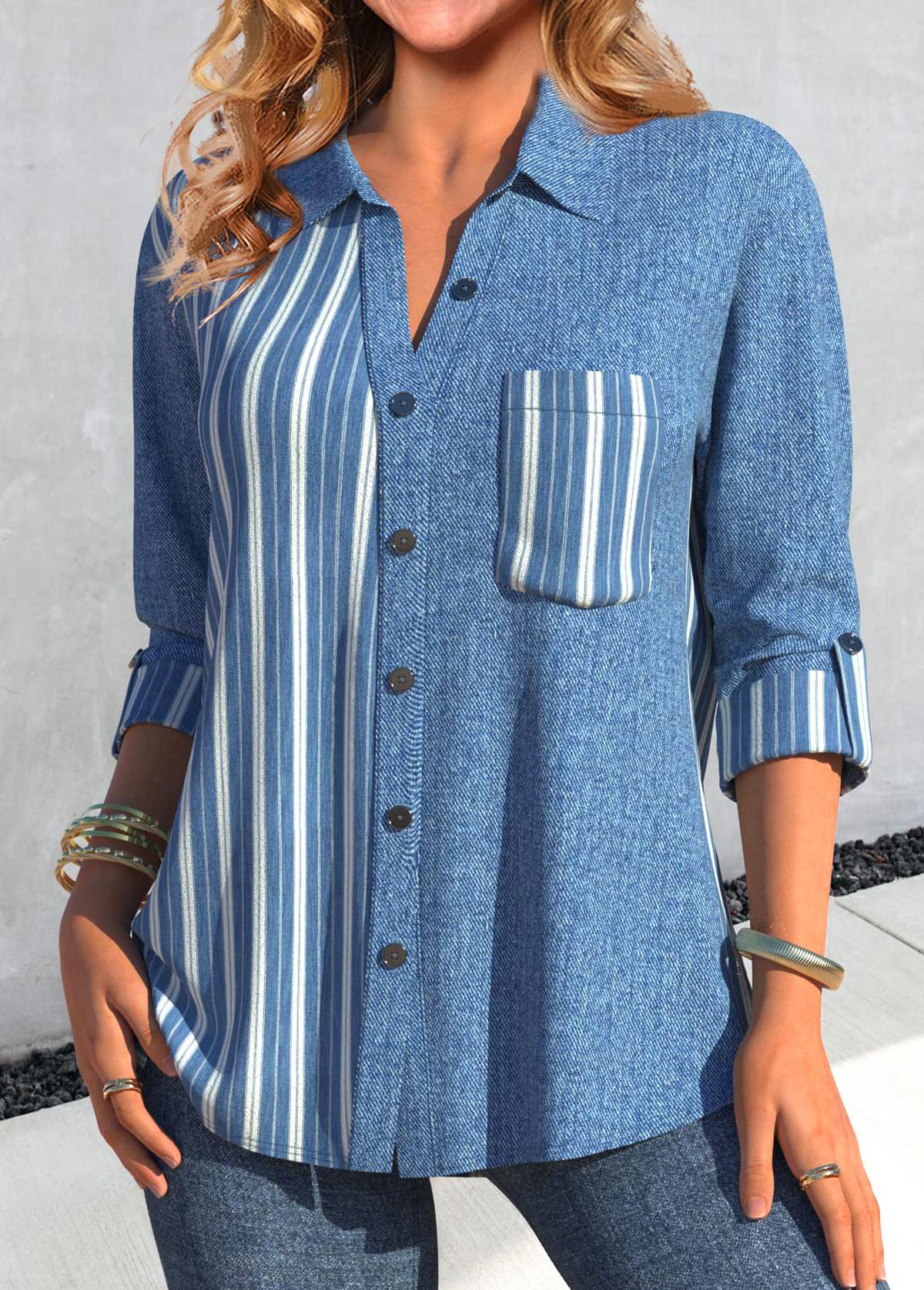 Denim-effect Print Patchwork Denim Blue Long Sleeve Blouse