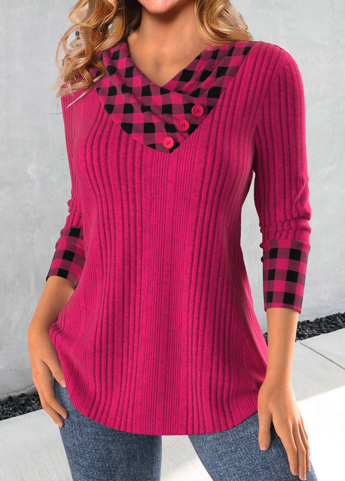 Plaid Patchwork Hot Pink Asymmetrical Neck Sweatshirt