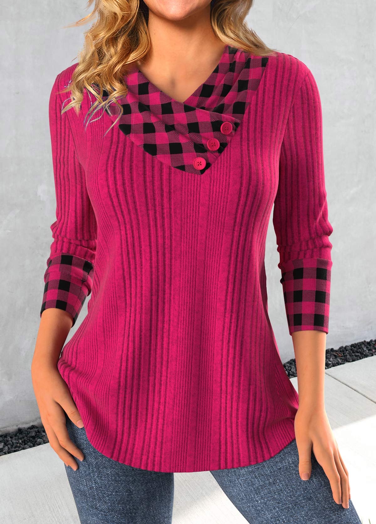 Plaid Patchwork Hot Pink Asymmetrical Neck Sweatshirt