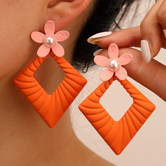 Orange Square Flower Detail Metal Earrings
