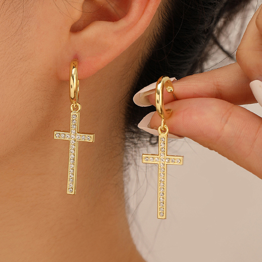 Gold Cross Rhinestone Detail Alloy Earrings