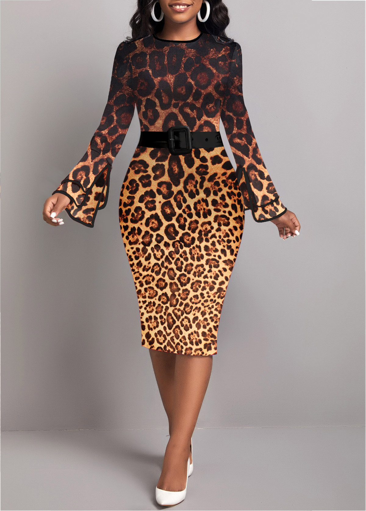 Leopard Contrast Binding Dark Coffee Bodycon Dress