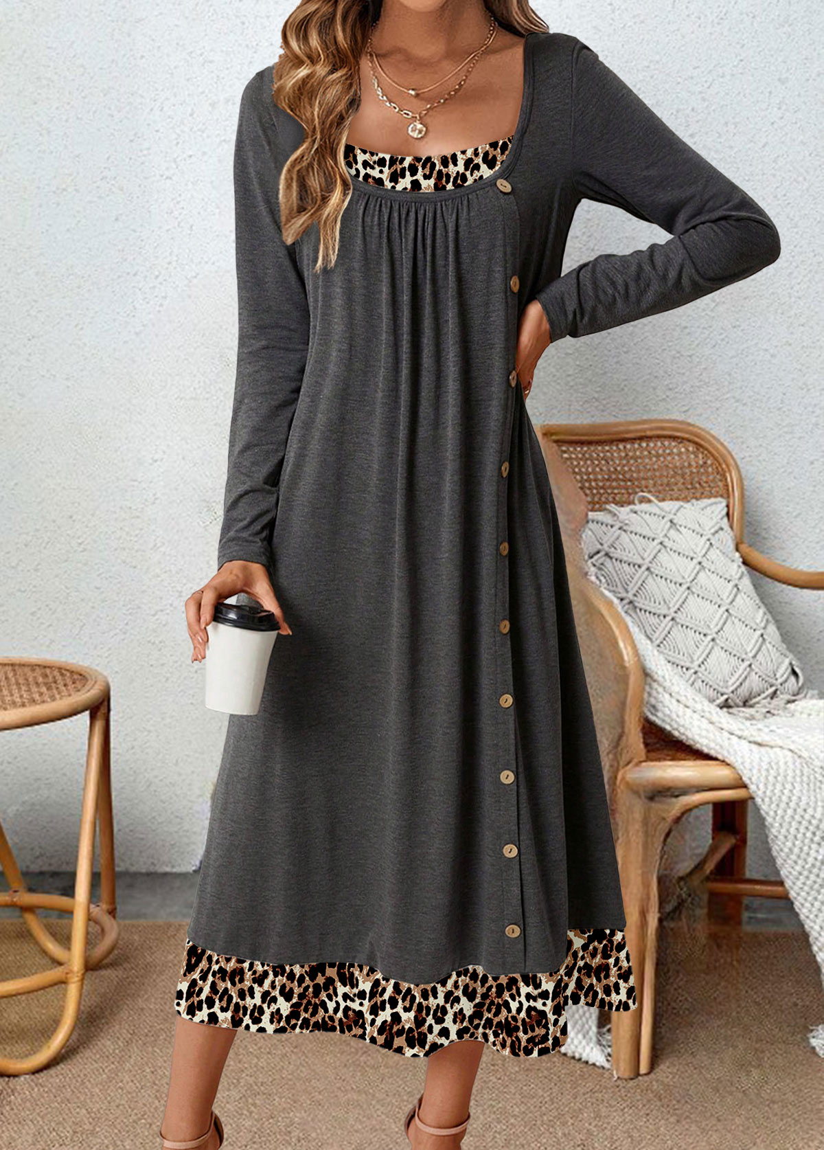 Leopard Button Dark Grey A Line Dress