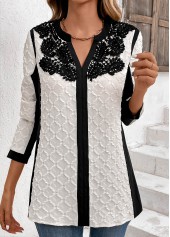 Lace White Long Sleeve Split Neck Blouse