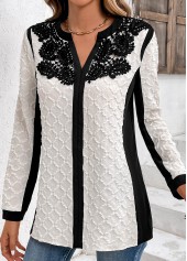 Lace White Long Sleeve Split Neck Blouse
