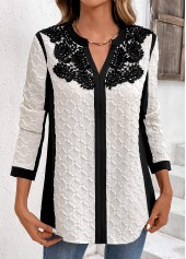 Lace White Long Sleeve Split Neck Blouse