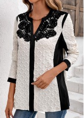 Lace White Long Sleeve Split Neck Blouse
