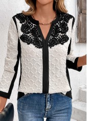 Lace White Long Sleeve Split Neck Blouse