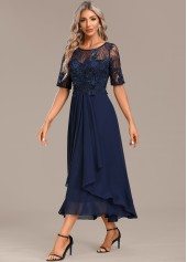 Short Sleeve Lace Navy Round Neck Dress